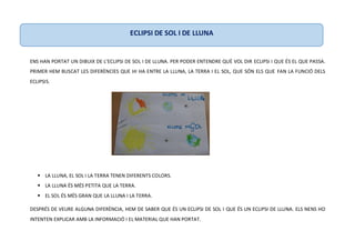 ENS HAN PORTAT UN DIBUIX DE L’ECLIPSI DE SOL I DE LLUNA. PER PODER ENTENDRE QUÈ VOL DIR ECLIPSI I QUE ÉS EL QUE PASSA.
PRIMER HEM BUSCAT LES DIFERÈNCIES QUE HI HA ENTRE LA LLUNA, LA TERRA I EL SOL, QUE SÓN ELS QUE FAN LA FUNCIÓ DELS
ECLIPSIS.
 LA LLUNA, EL SOL I LA TERRA TENEN DIFERENTS COLORS.
 LA LLUNA ÉS MÉS PETITA QUE LA TERRA.
 EL SOL ÉS MÉS GRAN QUE LA LLUNA I LA TERRA.
DESPRÉS DE VEURE ALGUNA DIFERÈNCIA, HEM DE SABER QUE ÉS UN ECLIPSI DE SOL I QUE ÉS UN ECLIPSI DE LLUNA. ELS NENS HO
INTENTEN EXPLICAR AMB LA INFORMACIÓ I EL MATERIAL QUE HAN PORTAT.
ECLIPSI DE SOL I DE LLUNA
 