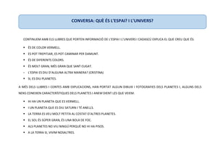 CONTINUEM AMB ELS LLIBRES QUE PORTEN INFORMACIÓ DE L’ESPAI I L’UNIVERS I CADASCÚ EXPLICA EL QUE CREU QUE ÉS:
 ÉS DE COLOR VERMELL.
 ES POT TREPITJAR, ES POT CAMINAR PER DAMUNT.
 ÉS DE DIFERENTS COLORS.
 ÉS MOLT GRAN, MÉS GRAN QUE SANT CUGAT.
- L’ESPAI ES DIU D’ALGUNA ALTRA MANERA? (CRISTINA)
 SI, ES DIU PLANETES.
A MÉS DELS LLIBRES I CONTES AMB EXPLICACIONS, HAN PORTAT ALGUN DIBUIX I FOTOGRAFIES DELS PLANETES I, ALGUNS DELS
NENS CONEIXEN CARACTERÍSTIQUES DELS PLANETES I ANEM DIENT LES QUE VEIEM:
 HI HA UN PLANETA QUE ES VERMELL.
 I UN PLANETA QUE ES DIU SATURN I TÉ ANELLS.
 LA TERRA ES VEU MOLT PETITA AL COSTAT D’ALTRES PLANETES.
 EL SOL ÉS SÚPER GRAN, ÉS UNA BOLA DE FOC.
 ALS PLANETES NO VIU NINGÚ PERQUÈ NO HI HA PISOS.
 A LA TERRA SI, VIVIM NOSALTRES.
CONVERSA: QUÈ ÉS L’ESPAI? I L’UNIVERS?
 