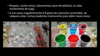 • Despois, nunha mesa, colocaremos vasos de plástico, os cales
encheremos de auga.
• A ese vasos engadirémoslle 6-8 gotas de colorante comestible, de
calquera color, incluso podemos mesturarlos para obter novas cores.
 