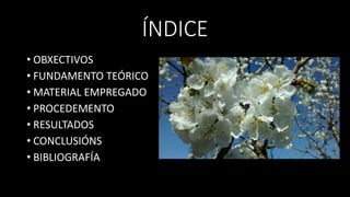 ÍNDICE
• OBXECTIVOS
• FUNDAMENTO TEÓRICO
• MATERIAL EMPREGADO
• PROCEDEMENTO
• RESULTADOS
• CONCLUSIÓNS
• BIBLIOGRAFÍA
 