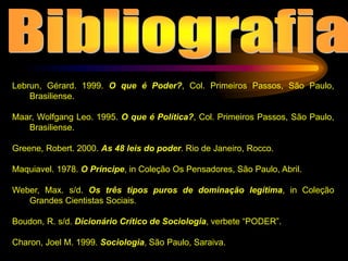 Lebrun, Gérard. 1999. O que é Poder?, Col. Primeiros Passos, São Paulo,
Brasiliense.
Maar, Wolfgang Leo. 1995. O que é Política?, Col. Primeiros Passos, São Paulo,
Brasiliense.
Greene, Robert. 2000. As 48 leis do poder. Rio de Janeiro, Rocco.
Maquiavel. 1978. O Príncipe, in Coleção Os Pensadores, São Paulo, Abril.
Weber, Max. s/d. Os três tipos puros de dominação legítima, in Coleção
Grandes Cientistas Sociais.
Boudon, R. s/d. Dicionário Crítico de Sociologia, verbete “PODER”.
Charon, Joel M. 1999. Sociologia, São Paulo, Saraiva.
 