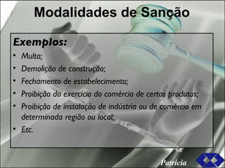 Modalidades de Sanção Exemplos: Multa; Demolição de construção; Fechamento de estabelecimento; Proibição do exercício do comércio de certos produtos; Proibição de instalação de indústria ou de comércio em determinada região ou local; Etc. Patrícia 