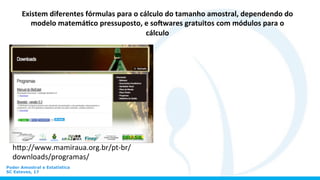 Existem	
  diferentes	
  fórmulas	
  para	
  o	
  cálculo	
  do	
  tamanho	
  amostral,	
  dependendo	
  do	
  
modelo	
  matemá8co	
  pressuposto,	
  e	
  so9wares	
  gratuitos	
  com	
  módulos	
  para	
  o	
  
cálculo	
  
h0p://www.mamiraua.org.br/pt-­‐br/
downloads/programas/	
  
Poder Amostral e Estatística
SC Esteves, 17
 