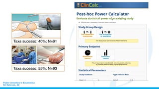 Poder Amostral e Estatística
SC Esteves, 20
Taxa sucesso: 40%; N=91
Taxa sucesso: 55%; N=93
 