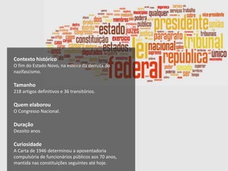 Contexto histórico
O fim do Estado Novo, na esteira da derrota do
nazifascismo.
Tamanho
218 artigos definitivos e 36 transitórios.
Quem elaborou
O Congresso Nacional.
Duração
Dezoito anos
Curiosidade
A Carta de 1946 determinou a aposentadoria
compulsória de funcionários públicos aos 70 anos,
mantida nas constituições seguintes até hoje.
 