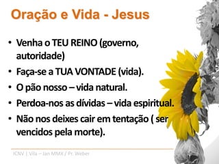 Oração e Vida - Jesus

• Venha o TEU REINO (governo,
  autoridade)
• Faça-se a TUA VONTADE (vida).
• O pão nosso – vida natural.
• Perdoa-nos as dívidas – vida espiritual.
• Não nos deixes cair em tentação ( ser
  vencidos pela morte).
 ICNV | Vila – Jan MMX / Pr. Weber
 