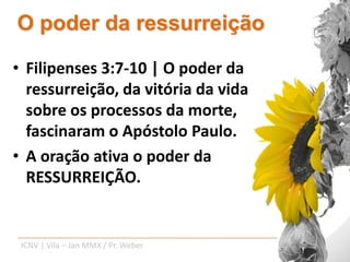O poder da ressurreição

• Filipenses 3:7-10 | O poder da
  ressurreição, da vitória da vida
  sobre os processos da morte,
  fascinaram o Apóstolo Paulo.
• A oração ativa o poder da
  RESSURREIÇÃO.


 ICNV | Vila – Jan MMX / Pr. Weber
 