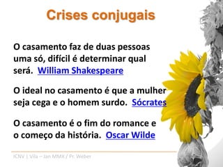 Crises conjugais

O casamento faz de duas pessoas
uma só, difícil é determinar qual
será. William Shakespeare

O ideal no casamento é que a mulher
seja cega e o homem surdo. Sócrates

O casamento é o fim do romance e
o começo da história. Oscar Wilde

ICNV | Vila – Jan MMX / Pr. Weber
 