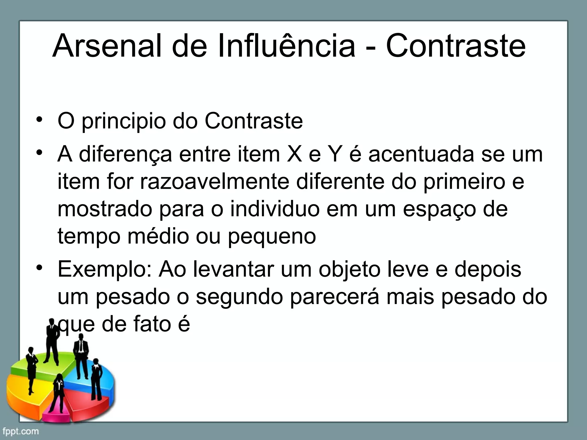 Arsenal de Influência - Contraste
• O principio do Contraste
• A diferença entre item X e Y é acentuada se um
item for razoavelmente diferente do primeiro e
mostrado para o individuo em um espaço de
tempo médio ou pequeno
• Exemplo: Ao levantar um objeto leve e depois
um pesado o segundo parecerá mais pesado do
que de fato é
 