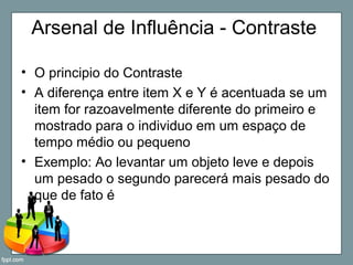 Arsenal de Influência - Contraste
• O principio do Contraste
• A diferença entre item X e Y é acentuada se um
item for razoavelmente diferente do primeiro e
mostrado para o individuo em um espaço de
tempo médio ou pequeno
• Exemplo: Ao levantar um objeto leve e depois
um pesado o segundo parecerá mais pesado do
que de fato é
 
