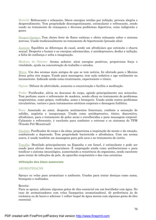 70
Hortelã: Refrescante e relaxante, libera energias retidas por inibiç ão, provoca alegria e
desprendimento. Tem propriedade descongestionante, estimulante e refrescante, sendo
usado no tratamento de enxaqueca e diversos problemas digestivos, como indigestão e
gases.
Ilangue-ilangue: Tem cheiro forte de flores exóticas e efeito relaxante sobre o sistema
nervoso. Usado tradicionalmente no tratamento de hipertensão (pressão alta).
Jasmim: Equilibra as diferenç as do casal, sendo um afrodisíaco que estimula o chacra
sexual. Desperta o humor e as energias adormecidas, é antidepressivo, desfaz a inibiç ão,
a falta de confianç a e solta a imaginaç ão.
Madeira do Oriente: Aroma sedutor, atrai energias positivas, proporciona forç a e
vitalidade, ajuda na concentraç ão do trabalho e estudos.
Mirra: Um dos aromas mais antigos de que se tem notícia, foi ofertado para o Menino
Jesus pelos reis magos. Usado para massagens, tem aç ão sedativa e age sutilmente no
inconsciente. Indicado ainda como cicatrizante, expectorante e tônico.
Opium: Difusor de afetividade, aumenta a concentraç ão e facilita a meditaç ão.
Pinho: Purificador, alivia no descanso do corpo, agindo principalmente nos mú sculos.
Tem perfume suave e refrescante de madeira, sendo eficaz no tratamento de problemas
respiratórios, como gripes, resfriados, asma e bronquite. Usado ainda contra problemas
circulatórios, varizes e para tratamentos esté ticos corporais e drenagem linfá tica.
Rosa: Associado ao amor, desperta sentimentos fraternais, combate a sensaç ão de
solidão, angú stia e inseguranç a. Usado como antidepressivo, tônico, depurativo,
afrodisíaco, para o tratamento de peles secas e envelhecidas e para massagem corporal.
Calmante e refrescante, é excelente para combater o estresse e os sintomas de TPM
(Tensão Pré -Menstrual).
Sândalo: Purificador do corpo e da alma, proporciona a inspiraç ão da mente e da emoç ão,
combatendo a depressão. Tem propriedade bactericida e afrodisíaca. Com um aroma
suave, é usado també m em massagens para pele seca e no tratamento de cistite.
Tomilho: Destilado principalmente na Espanha e em Israel, é estimulante e pode ser
usado para aliviar dores musculares. É empregado ainda como antibacteriano e para
tonificar o sistema imunológico, aumentando a resistência do organismo, sendo excelente
para tratar de infecç ões da pele, do aparelho respiratório e das vias uriná rias.
Utilizaç ã o dos óleos essenciais
AROMATIZAÇÃO
Sprays ou velas para aromatizar o ambiente. Usados para tratar doenç as como asma,
bronquite e resfriados.
Receita:
Para os sprays, adicione algumas gotas de óleo essencial em um borrifador com á gua. No
caso de aromatizadores com velas (lamparina aromatizadora), dê preferência às de
cerâmica ou de barro e adicione 1 colher (sopa) de á gua morna com algumas gotas de óleo
essencial.
PDF created with FinePrint pdfFactory trial version http://www.fineprint.com
 