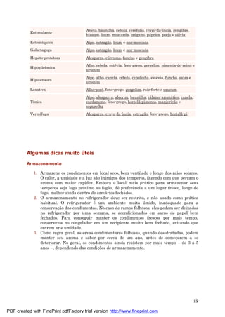88
Estimulante
Aneto, baunilha, cebola, cerefólio, cravo-da-índia, gengibre,
hissopo, louro, mostarda, oré gano, pá prica, poejo e sá lvia
Estomá quica Aipo, estragão, louro e noz-moscada
Galactagoga Aipo, estragão, louro e noz-moscada
Hepato-protetora Alcaparra, cú rcuma, funcho e gengibre
Hipoglicêmica
Alho, cebola, esté via, feno-grego, gergelim, pimenta-do-reino e
urucum
Hipotensora
Aipo, alho, canela, cebola, cebolinha, esté via, funcho, salsa e
urucum
Laxativa Alho-poró, feno-grego, gergelim, raiz-forte e urucum
Tônica
Aipo, alcaparra, alecrim, baunilha, cá lamo-aromá tico, canela,
cardamono, feno-grego, hortelã-pimenta, manjericão e
segurelha
Vermífuga Alcaparra, cravo-da-índia, estragão, feno-grego, hortelã-pi
Algumas dicas muito úteis
Armazenamento
1. Armazene os condimentos em local seco, bem ventilado e longe dos raios solares.
O calor, a umidade e a luz são inimigos dos temperos, fazendo com que percam o
aroma com maior rapidez. Embora o local mais prá tico para armazenar seus
temperos seja logo próximo ao fogão, dê preferência a um lugar fresco, longe do
fogo, melhor ainda dentro de armá rios fechados.
2. O armazenamento no refrigerador deve ser restrito, e não usado como prá tica
habitual. O refrigerador é um ambiente muito ú mido, inadequado para a
conservaç ão dos condimentos. No caso de ramos folhosos, eles podem ser deixados
no refrigerador por uma semana, se acondicionados em sacos de papel bem
fechados. Para conseguir manter os condimentos frescos por mais tempo,
conserve-os no congelador em um recipiente muito bem fechado, evitando que
entrem ar e umidade.
3. Como regra geral, as ervas condimentares folhosas, quando desidratadas, podem
manter seu aroma e sabor por cerca de um ano, antes de começ arem a se
deteriorar. No geral, os condimentos ainda resistem por mais tempo – de 3 a 5
anos –, dependendo das condiç ões de armazenamento.
PDF created with FinePrint pdfFactory trial version http://www.fineprint.com
 