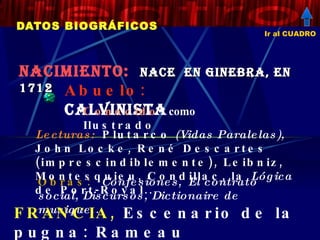 NACIMIENTO:   NACE  EN GINEBRA, EN 1712   DATOS BIOGRÁFICOS Obras:  Confesiones ,  El contrato social, Discursos, Dictionaire de musique ...  Abuelo:  Calvinista Lecturas:  Plutarco  (Vidas Paralelas),  John Locke, René Descartes (imprescindiblemente), Leibniz, Montesquieu, Condillac, la  Lógica  de Port-Royal...   FRANCIA,  Escenario de la pugna: Rameau Conocido   como   Ilustrado Ir al CUADRO 