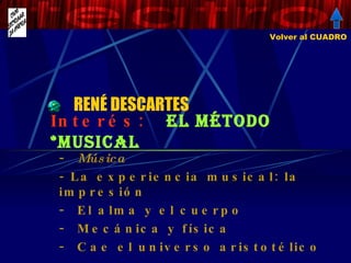 RENÉ DESCARTES Música - La experiencia musical: la impresión El alma y el cuerpo Mecánica y física Cae el universo aristotélico Interés:  el método *musical Volver al CUADRO 