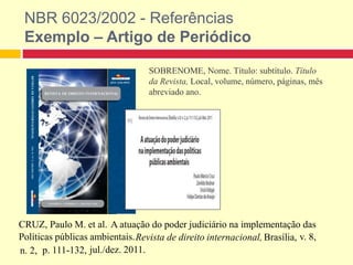 NBR 6023/2002 - Referências
Exemplo – Artigo de Periódico
SOBRENOME, Nome. Título: subtítulo. Título
da Revista, Local, volume, número, páginas, mês
abreviado ano.
CRUZ, Paulo M. et al.
Revista de direito internacional, Brasília, v. 8,
n. 2, p. 111-132, jul./dez. 2011.
A atuação do poder judiciário na implementação das
Políticas públicas ambientais.
 