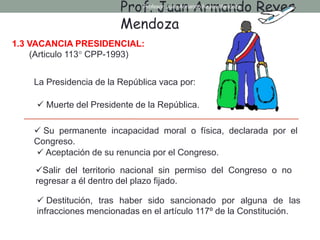 1.3 VACANCIA PRESIDENCIAL:
(Articulo 113° CPP-1993)
La Presidencia de la República vaca por:
 Muerte del Presidente de la República.
 Su permanente incapacidad moral o física, declarada por el
Congreso.
 Aceptación de su renuncia por el Congreso.
Salir del territorio nacional sin permiso del Congreso o no
regresar a él dentro del plazo fijado.
 Destitución, tras haber sido sancionado por alguna de las
infracciones mencionadas en el artículo 117º de la Constitución.
Prof. Juan Armando Reyes
Mendoza
Profesor: Juan Armando Reyes Mendoza
 