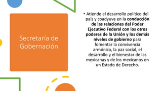 Secretaría de
Gobernación
• Atiende el desarrollo político del
país y coadyuva en la conducción
de las relaciones del Poder
Ejecutivo Federal con los otros
poderes de la Unión y los demás
niveles de gobierno para
fomentar la convivencia
armónica, la paz social, el
desarrollo y el bienestar de las
mexicanas y de los mexicanos en
un Estado de Derecho.
 