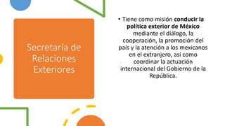 Secretaría de
Relaciones
Exteriores
• Tiene como misión conducir la
política exterior de México
mediante el diálogo, la
cooperación, la promoción del
país y la atención a los mexicanos
en el extranjero, así como
coordinar la actuación
internacional del Gobierno de la
República.
 
