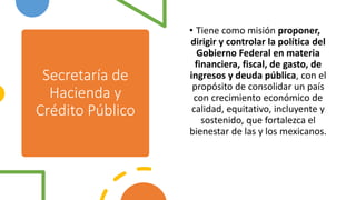 Secretaría de
Hacienda y
Crédito Público
• Tiene como misión proponer,
dirigir y controlar la política del
Gobierno Federal en materia
financiera, fiscal, de gasto, de
ingresos y deuda pública, con el
propósito de consolidar un país
con crecimiento económico de
calidad, equitativo, incluyente y
sostenido, que fortalezca el
bienestar de las y los mexicanos.
 