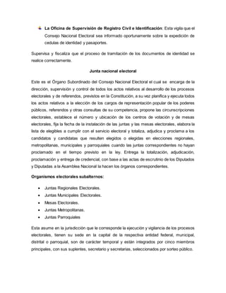 La Oficina de Supervisión de Registro Civil e Identificación: Esta vigila que el
Consejo Nacional Electoral sea informado oportunamente sobre la expedición de
cedulas de identidad y pasaportes.
Supervisa y fiscaliza que el proceso de tramitación de los documentos de identidad se
realice correctamente.
Junta nacional electoral
Este es el Órgano Subordinado del Consejo Nacional Electoral el cual se encarga de la
dirección, supervisión y control de todos los actos relativos al desarrollo de los procesos
electorales y de referendos, previstos en la Constitución, a su vez planifica y ejecuta todos
los actos relativos a la elección de los cargos de representación popular de los poderes
públicos, referendos y otras consultas de su competencia, propone las circunscripciones
electorales, establece el número y ubicación de los centros de votación y de mesas
electorales, fija la fecha de la instalación de las juntas y las mesas electorales, elabora la
lista de elegibles a cumplir con el servicio electoral y totaliza, adjudica y proclama a los
candidatos y candidatas que resulten elegidos o elegidas en elecciones regionales,
metropolitanas, municipales y parroquiales cuando las juntas correspondientes no hayan
proclamado en el tiempo previsto en la ley. Entrega la totalización, adjudicación,
proclamación y entrega de credencial, con base a las actas de escrutinio de los Diputados
y Diputadas a la Asamblea Nacional la hacen los órganos correspondientes.
Organismos electorales subalternos:
 Juntas Regionales Electorales.
 Juntas Municipales Electorales.
 Mesas Electorales.
 Juntas Metropolitanas.
 Juntas Parroquiales
Esta asume en la jurisdicción que le corresponde la ejecución y vigilancia de los procesos
electorales, tienen su sede en la capital de la respectiva entidad federal, municipal,
distrital o parroquial, son de carácter temporal y están integrados por cinco miembros
principales, con sus suplentes, secretario y secretarias, seleccionados por sorteo público.
 