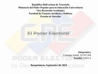 República Bolivariana de Venezuela
Ministerio del Poder Popular para la Educación Universitaria
Vice Rectorado Académico
Facultad de Ciencias Jurídicas y Políticas
Escuela de Derecho
Integrantes:
Camargo Astrid 24.353.264
Sección: SAIAA
Barquisimeto, Septiembre De 2015
 