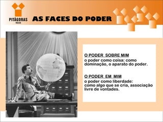 AS FACES DO PODER O PODER  SOBRE MIM o poder como coisa: como dominação, o aparato do poder. O PODER  EM  MIM o poder como liberdade:  como algo que se cria, associação livre de vontades. 