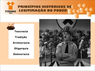 PRINCÍPIOS HISTÓRICOS DE  LEGITIMAÇÃO DO PODER Teocracia Tradição   Aristocracia Oligarquia Democracia 