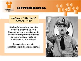 HETERONOMIA Aceitação da norma que não  é nossa, que vem de fora. Nos submetemos passivamente  aos costumes por conformismo  ou temor à reprovação da  sociedade ou dos deuses.  Essa postura permite  as relações políticas  autoritárias. Hetero  - “diferente” nomos  - “lei” 
