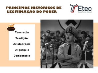 PRINCÍPIOS HISTÓRICOS DE
LEGITIMAÇÃO DO PODER

Teocracia
Tradição
Aristocracia
Oligarquia
Democracia

 