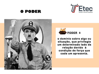 O PODER

PODER é
o domínio sobre algo ou
situação, que privilegia
um determinado lado da
relação devido à
condição de força que
cada um apresenta.

 