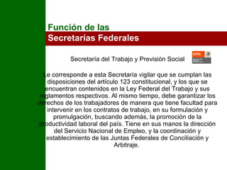 Secretaría del Trabajo y Previsión Social Le corresponde a esta Secretaría vigilar que se cumplan las disposiciones del artículo 123 constitucional, y los que se encuentran contenidos en la Ley Federal del Trabajo y sus reglamentos respectivos. Al mismo tiempo, debe garantizar los derechos de los trabajadores de manera que tiene facultad para intervenir en los contratos de trabajo, en su formulación y promulgación, buscando además, la promoción de la productividad laboral del país. Tiene en sus manos la dirección del Servicio Nacional de Empleo, y la coordinación y establecimiento de las Juntas Federales de Conciliación y Arbitraje.  Función de las  Secretarías Federales 