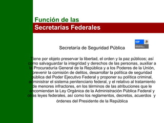 Secretaría de Seguridad Pública Tiene por objeto preservar la libertad, el orden y la paz públicos; así como salvaguardar la integridad y derechos de las personas, auxiliar a la Procuraduría General de la República y a los Poderes de la Unión, prevenir la comisión de delitos, desarrollar la política de seguridad pública del Poder Ejecutivo Federal y proponer su política criminal, administrar el sistema penitenciario federal, y el relativo al tratamiento de menores infractores, en los términos de las atribuciones que le encomiendan la Ley Orgánica de la Administración Pública Federal y otras leyes federales, así como los reglamentos, decretos, acuerdos  y  órdenes del Presidente de la República Función de las  Secretarías Federales 