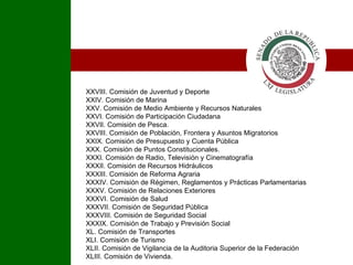 XXVIII. Comisión de Juventud y Deporte XXIV. Comisión de Marina XXV. Comisión de Medio Ambiente y Recursos Naturales XXVI. Comisión de Participación Ciudadana XXVII. Comisión de Pesca. XXVIII. Comisión de Población, Frontera y Asuntos Migratorios XXIX. Comisión de Presupuesto y Cuenta Pública XXX. Comisión de Puntos Constitucionales. XXXI. Comisión de Radio, Televisión y Cinematografía XXXII. Comisión de Recursos Hidráulicos XXXIII. Comisión de Reforma Agraria XXXIV. Comisión de Régimen, Reglamentos y Prácticas Parlamentarias XXXV. Comisión de Relaciones Exteriores XXXVI. Comisión de Salud XXXVII. Comisión de Seguridad Pública XXXVIII. Comisión de Seguridad Social XXXIX. Comisión de Trabajo y Previsión Social XL. Comisión de Transportes XLI. Comisión de Turismo XLII. Comisión de Vigilancia de la Auditoria Superior de la Federación XLIII. Comisión de Vivienda.  I 