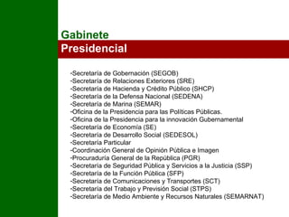 Gabinete  Presidencial Secretaría de Gobernación (SEGOB) Secretaría de Relaciones Exteriores (SRE) Secretaría de Hacienda y Crédito Público (SHCP) Secretaría de la Defensa Nacional (SEDENA) Secretaría de Marina (SEMAR) Oficina de la Presidencia para las Políticas Públicas. Oficina de la Presidencia para la innovación Gubernamental Secretaría de Economía (SE) Secretaría de Desarrollo Social (SEDESOL) Secretaría Particular Coordinación General de Opinión Pública e Imagen Procuraduría General de la República (PGR) Secretaría de Seguridad Pública y Servicios a la Justicia (SSP) Secretaría de la Función Pública (SFP) Secretaría de Comunicaciones y Transportes (SCT) Secretaría del Trabajo y Previsión Social (STPS) Secretaría de Medio Ambiente y Recursos Naturales (SEMARNAT) 