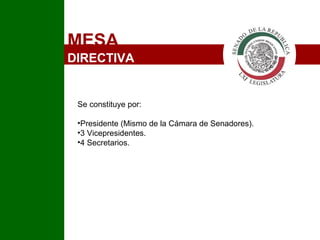 MESA  DIRECTIVA Se constituye por:  Presidente (Mismo de la Cámara de Senadores). 3 Vicepresidentes. 4 Secretarios. I 