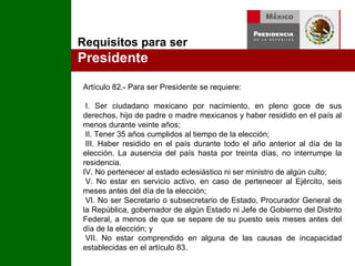 Artículo 82.-  Para ser Presidente se requiere:    I. Ser ciudadano mexicano por nacimiento, en pleno goce de sus derechos, hijo de padre o madre mexicanos y haber residido en el país al menos durante veinte años;    II. Tener 35 años cumplidos al tiempo de la elección;    III. Haber residido en el país durante todo el año anterior al día de la elección. La ausencia del país hasta por treinta días, no interrumpe la residencia.  IV. No pertenecer al estado eclesiástico ni ser ministro de algún culto;    V. No estar en servicio activo, en caso de pertenecer al Ejército, seis meses antes del día de la elección;    VI. No ser Secretario o subsecretario de Estado, Procurador General de la República, gobernador de algún Estado ni Jefe de Gobierno del Distrito Federal, a menos de que se separe de su puesto seis meses antes del día de la elección; y    VII. No estar comprendido en alguna de las causas de incapacidad establecidas en el artículo 83.  Requisitos para ser  Presidente 
