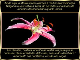Ainda aqui, o Mestre Divino oferece a melhor exemplificação. Ninguém reuniu sobre a Terra tão elevadas expressões de recursos desconhecidos quanto Jesus. Aos doentes, bastava tocar-lhe as vestiduras para que se curassem de enfermidades dolorosas; suas mãos devolviam o movimento aos paralíticos, a visão aos cegos. 