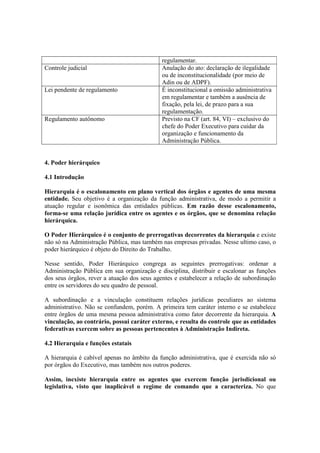 regulamentar.
Controle judicial Anulação do ato: declaração de ilegalidade
ou de inconstitucionalidade (por meio de
Adin ou de ADPF).
Lei pendente de regulamento É inconstitucional a omissão administrativa
em regulamentar e também a ausência de
fixação, pela lei, de prazo para a sua
regulamentação.
Regulamento autônomo Previsto na CF (art. 84, VI) – exclusivo do
chefe do Poder Executivo para cuidar da
organização e funcionamento da
Administração Pública.
4. Poder hierárquico
4.1 Introdução
Hierarquia é o escalonamento em plano vertical dos órgãos e agentes de uma mesma
entidade. Seu objetivo é a organização da função administrativa, de modo a permitir a
atuação regular e isonômica das entidades públicas. Em razão desse escalonamento,
forma-se uma relação jurídica entre os agentes e os órgãos, que se denomina relação
hierárquica.
O Poder Hierárquico é o conjunto de prerrogativas decorrentes da hierarquia e existe
não só na Administração Pública, mas também nas empresas privadas. Nesse ultimo caso, o
poder hierárquico é objeto do Direito do Trabalho.
Nesse sentido, Poder Hierárquico congrega as seguintes prerrogativas: ordenar a
Administração Pública em sua organização e disciplina, distribuir e escalonar as funções
dos seus órgãos, rever a atuação dos seus agentes e estabelecer a relação de subordinação
entre os servidores do seu quadro de pessoal.
A subordinação e a vinculação constituem relações jurídicas peculiares ao sistema
administrativo. Não se confundem, porém. A primeira tem caráter interno e se estabelece
entre órgãos de uma mesma pessoa administrativa como fator decorrente da hierarquia. A
vinculação, ao contrário, possui caráter externo, e resulta do controle que as entidades
federativas exercem sobre as pessoas pertencentes à Administração Indireta.
4.2 Hierarquia e funções estatais
A hierarquia é cabível apenas no âmbito da função administrativa, que é exercida não só
por órgãos do Executivo, mas também nos outros poderes.
Assim, inexiste hierarquia entre os agentes que exercem função jurisdicional ou
legislativa, visto que inaplicável o regime de comando que a caracteriza. No que
 