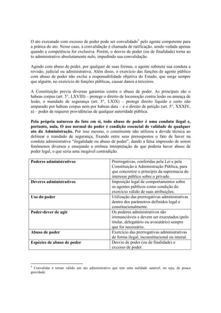 O ato executado com excesso de poder pode ser convalidado4
pelo agente competente para
a prática do ato. Nesse caso, a convalidação é chamada de ratificação, sendo vedada apenas
quando a competência for exclusiva. Porém, o desvio de poder (ou de finalidade) torna ao
to administrativo absolutamente nulo, impedindo sua convalidação.
Agindo com abuso de poder, por qualquer de suas formas, o agente submete sua conduta a
revisão, judicial ou administrativa. Além disso, o exercício das funções de agente público
com abuso de poder não exclui a responsabilidade objetiva do Estado, que surge sempre
que alguém, no exercício de funções públicas, causar danos a terceiros.
A Constituição previu diversas garantias contra o abuso de poder. As principais são o
habeas corpus (art. 5°, LXVIII) – protege o direito de locomoção contra lesão ou ameaça de
lesão, o mandado de segurança (art. 5°, LXIX) – protege direito líquido e certo não
amparado por habeas corpus nem por habeas data – e o direito de petição (art. 5°, XXXIV,
a) – poder de requerer providências de qualquer autoridade pública.
Pela própria natureza do fato em si, todo abuso de poder é uma conduta ilegal e,
portanto, nula. O uso normal do poder é condição essencial de validade de qualquer
ato da Administração. Por isso mesmo, o constituinte não utilizou a devida técnica ao
delinear o mandado de segurança, fixando entre seus pressupostos o fato de haver na
conduta administrativa “ilegalidade ou abuso de poder”, dando a falsa impressão de serem
fenômenos diversos e ensejando a errônea interpretação de que poderia haver abuso de
poder legal, o que seria uma inegável contradição.
Poderes administrativos Prerrogativas, conferidas pela Lei e pela
Constituição à Administração Pública, para
que concretize o princípio da supremacia do
interesse público sobre o privado.
Deveres administrativos Imposição legal de comportamentos sobre
os agentes públicos como condição do
exercício válido de suas atribuições.
Uso do poder Utilização das prerrogativas administrativas
dentro dos parâmetros definidos legal e
constitucionalmente.
Poder-dever de agir Os poderes administrativos são
irrenunciáveis e devem ser executados (pelo
titular, delegatário ou avocatário) sempre
que for necessário.
Abuso de poder Exercício das prerrogativas administrativas
de forma ilegal, inconstitucional ou imoral.
Espécies de abuso de poder Desvio de poder (ou de finalidade) e
excesso de poder.
4
Convalidar é tornar válido um ato administrativo que tem uma nulidade sanável, ou seja, de pouca
gravidade.
 