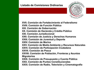 IListado de Comisiones OrdinariasXVII. Comisión de Fortalecimiento al Federalismo	XVIII. Comisión de Función Pública	XIX. Comisión de Gobernación	XX. Comisión de Hacienda y Crédito Público	XXI. Comisión Jurisdiccional	XXII. Comisión de Justicia y Derechos Humanos	XXIII. Comisión de Juventud y Deporte	XXIV. Comisión de Marina	XXV. Comisión de Medio Ambiente y Recursos Naturales	XXVI. Comisión de Participación Ciudadana	XXVII. Comisión de Pesca	XXVIII. Comisión de Población, Fronteras y Asuntos Migratorios	XXIX. Comisión de Presupuesto y Cuenta Pública	XXX. Comisión de Puntos Constitucionales	XXXI. Comisión de Radio, Televisión y Cinematografía