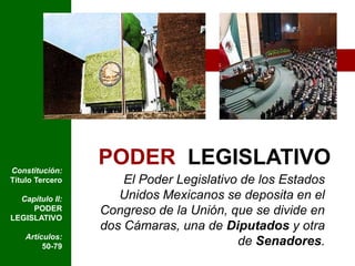 PODER  LEGISLATIVOConstitución: Título TerceroCapítulo II: PODER LEGISLATIVOArtículos: 50-79El Poder Legislativo de los Estados Unidos Mexicanos se deposita en el Congreso de la Unión, que se divide en dos Cámaras, una de Diputados y otra de Senadores.