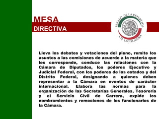 MESA  DIRECTIVA Lleva los debates y votaciones del pleno, remite los asuntos a las comisiones de acuerdo a la materia que les corresponde, conduce las relaciones con la Cámara de Diputados, los poderes Ejecutivo y Judicial Federal, con los poderes de los estados y del Distrito Federal, designando a quienes deben representar a la Cámara en eventos de carácter internacional. Elabora las normas para la organización de las Secretarías Generales, Tesorería y el Servicio Civil de Carrera, expide los nombramientos y remociones de los funcionarios de la Cámara. I 