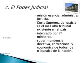    misión esencial administrar
                    justicia.
                   Corte Suprema de Justicia
                    es el más alto tribunal
                    existente en el país.
                   integrado por 21
Su función es       ministros.
                   superintendencia
                    directiva, correccional y
                    económica de todos los
                    tribunales de la nación.
Encabezado
por
 