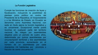 La Función Legislativa
Cumple las funciones de creación de leyes y
fiscalización, incluyendo la posibilidad de
plantear juicio político en contra del
Presidente de la República, el Vicepresidente
y a los Ministros de Estado, en Ecuador se
denomina como Asamblea Nacional, con
sede en Quito ejerce la función legislativa y
es unicameral. Excepcional mente podrá
reunirse en cualquier parte del territorio
nacional. Se integra por asambleístas
elegidos para un periodo de cuatro años,
determinada por quince asambleístas por
circunscripción territorial y dos asambleístas
por cada provincia, aumentando en el
número de un asambleísta por cada
doscientos mil habitantes por provincia o
fracción de ciento cincuenta mil.
 