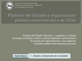 Poderes del Estado y organización político-administrativa de Chile Los Andes Country Day College Departamento de Historia y Geografía Prof. Magdalena Pérez M. ,[object Object]