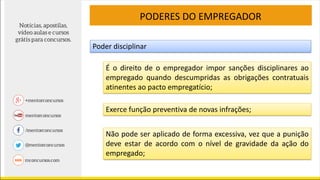 PODERES DO EMPREGADOR
Poder disciplinar
É o direito de o empregador impor sanções disciplinares ao
empregado quando descumpridas as obrigações contratuais
atinentes ao pacto empregatício;
Exerce função preventiva de novas infrações;
Não pode ser aplicado de forma excessiva, vez que a punição
deve estar de acordo com o nível de gravidade da ação do
empregado;
 