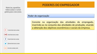 PODERES DO EMPREGADOR
Poder de organização
Consiste na organização das atividades do empregado,
inserindo-as no conjunto das atividades de produção, visando
a obtenção dos objetivos econômicos e sociais da empresa.
 