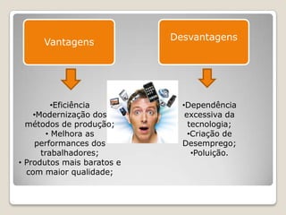 Vantagens
Desvantagens
•Eficiência
•Modernização dos
métodos de produção;
• Melhora as
performances dos
trabalhadores;
• Produtos mais baratos e
com maior qualidade;
•Dependência
excessiva da
tecnologia;
•Criação de
Desemprego;
•Poluição.
 