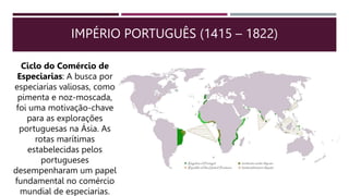 IMPÉRIO PORTUGUÊS (1415 – 1822)
Ciclo do Comércio de
Especiarias: A busca por
especiarias valiosas, como
pimenta e noz-moscada,
foi uma motivação-chave
para as explorações
portuguesas na Ásia. As
rotas marítimas
estabelecidas pelos
portugueses
desempenharam um papel
fundamental no comércio
mundial de especiarias.
 
