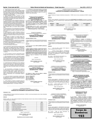 Recife, 13 de maio de 2015 Diário Oficial do Estado de Pernambuco - Poder Executivo Ano XCII • NÀ 87-13
GOVERNO DO ESTADO DE PERNAMBUCO
SECRETARIA DE DESENVOLVIMENTO SOCIAL,
CRIANÇA E JUVENTUDE
FUNDAÇÃO DE ATENDIMENTO
SÓCIOEDUCATIVO – FUNASE
PORTARIA Nº 123/15
O Diretor Presidente da Fundação de Atendimento Socioeducativo
– FUNASE, tendo em vista a necessidade da FUNASE e interesse
público,
RESOLVE:
I- Tornar sem efeito a Portaria 119/15, datada de
07/05/15, publicada no DOE em 09/05/15.
II- Rescindir, conforme o item 7.3 – CONTRATAÇÃO
- 8.3 da Portaria Conjunta SAD/FUNASE Nº 07 de 16/01/2009,
regido pelo Regime Jurídico de Direito Administrativo regulado
pela vigente Lei Complementar Nº 10.954, de 17/09/1993 e
posteriores alterações:
Mat. 19.808-0 – JOSÉ FRANCISCO DOS SANTOS – Ag.
Socioeducativo – data da rescisão: 07/05/2015.
Recife, 12 de maio de 2015.
MOACIR CARNEIRO LEÃO FILHO
Diretor Presidente
(F)
GOVERNO DO ESTADO DE PERNAMBUCO
SECRETARIA DE DESENVOLVIMENTO SOCIAL,
CRIANÇA E JUVENTUDE
FUNDAÇÃO DE ATENDIMENTO
SÓCIOEDUCATIVO – FUNASE
PORTARIA Nº 124/15
O Diretor Presidente da Fundação de Atendimento Socioeducativo
– FUNASE, tendo em vista a necessidade da FUNASE e interesse
público,
RESOLVE:
Rescindir, conforme o item 7.3 – CONTRATAÇÃO - 8.3 da Portaria
Conjunta SAD/FUNASE Nº 07 de 16/01/2009, regido pelo Regime
Jurídico de Direito Administrativo regulado pela vigente Lei
Complementar Nº 10.954, de 17/09/1993 e posteriores alterações:
Mat. 19.833-1 – CARLOS ROGER ALVES DA SILVA – Ag.
Socioeducativo – data da rescisão: 12/05/15.
Recife, 12 de maio de 2015.
MOACIR CARNEIRO LEÃO FILHO
Diretor Presidente
(F)
GOVERNO DO ESTADO DE PERNAMBUCO
SECRETARIA DE DESENVOLVIMENTO SOCIAL,
CRIANÇA E JUVENTUDE
FUNDAÇÃO DE ATENDIMENTO
SÓCIOEDUCATIVO – FUNASE
PORTARIA Nº 125/15
O Diretor Presidente da Fundação de Atendimento Socioeducativo
– FUNASE, tendo em vista a necessidade da FUNASE e interesse
público,
RESOLVE:
Rescindir, conforme o item 7.3 – CONTRATAÇÃO - 8.3 da Portaria
Conjunta SAD/FUNASE Nº 07 de 16/01/2009, regido pelo Regime
Jurídico de Direito Administrativo regulado pela vigente Lei
Complementar Nº 10.954, de 17/09/1993 e posteriores alterações:
Mat. 19.479-4 – JAIRO DA CRUZ FORTUNATO, Ag.
Socioeducativo – Data da rescisão: 12/05/15.
Recife, 12 de maio de 2015.
MOACIR CARNEIRO LEÃO FILHO
Diretor Presidente
(F)
GOVERNO DO ESTADO DE PERNAMBUCO
SECRETARIA DE SAÚDE
FUNDAÇÃO HEMOPE
A Diretora Presidente da Fundação de Hematologia e
Hemoterapia de Pernambuco – HEMOPE, no uso das atribuições
que lhe são conferidas pelo Decreto nº 30. 401, de 03 de maio de
2007, alterado pelo Decreto nº 33.657, de 13 de julho de 2009.
RESOLVE:
I - DEFERIR o seguinte Processo de Abono de Permanência:
REQUERENTE PROCESSO MAT.
MARIA FLORA SABINO COSTA 228/2015 361-1
II - publique-se e cumpra-se.
Recife, 12 de maio 2015.
Dra. Yêda Maia de Albuquerque
Diretora Presidente.
(F)
Licitações e Contratos
GOVERNO DO ESTADO DE PERNAMBUCO
SECRETARIA DE DESENVOLVIMENTO ECONÔMICO
AGÊNCIA DE DESENVOLVIMENTO ECONÔMICO
DE PERNAMBUCO S.A – AD/DIPER
EXTRATOS DE ATA DE REGISTRO DE PREÇOS
ATA DE REGISTRO DE PREÇOS AD Nº 01/2015 – Resultado
do PROCESSO Nº 004/CPL/2015 PREGÃO ELETRÔNICO SRP
Nº 001/2015 - Objeto: Eventual aquisição de condicionadores de
ar, com instalação. Empresa Vencedora: GAZIN INDÚSTRIA E
COMÉRCIO DE MÓVEIS E ELETRODOMÉSTICOS LTDA. Valor
total: R$ 93.948,00. Vigência: 12 meses. Dotação Orçamentária:
As despesas decorrentes da aquisição dos itens registrados serão
provenientes dos recursos próprios da AD DIPER.
Recife, 11 de maio de 2015. Superintendência Jurídica
(F)
CENTRO INTEGRADO DE SAÚDE
AMAURY DE MEDEIROS/CISAM/UPE
COMISSÃO SETORIAL DE LICITAÇÃO
AVISO DE ADESÃO
A Fundação Universidade de Pernambuco, através do Centro
Integrado de Saúde Amaury de Medeiros – CISAM comunica a
quem interessar que fez adesão ao PROCESSO Nº 048/2014
- PREGÃO ELETRÔNICO Nº 046/2014 do HOSPITAL
UNIVERSITÁRIO OSWALDO CRUZ, REGISTRO DE PREÇOS
PARA EVENTUAL AQUISIÇÃO DE SOLUÇÕES PARENTERAIS
DE GRANDES VOLUMES - SOROS, POR UM PERÍODO DE 12
MESES. Item 14, empresa: FRESENIUS KABI BRASIL LTDA
- Valor da adesão: R$13.600,00 (treze mil e seiscentos reais).
Recife, 12 de maio de 2015. Prof. Olímpio Barbosa de Moraes
Filho - Gestor Executivo do CISAM/UPE.
(F)
COMPANHIA EDITORA DE
PERNAMBUCO – CEPE
RESULTADO DE LICITAÇÃO
PL Nº 017/2015 – TOMADA DE PREÇOS Nº 002/2015.
OBJETO: Contratação de empresa especializada em instalação
e fornecimento de equipamentos para prevenção e combate a
incêndio, tudo conforme especiﬁcações contidas nos Anexos do
Edital. SITUAÇÃO: FRACASSADA. Empresa desclassiﬁcada:
Equiprev Equipamentos de Prevenção Contra Incêndio LTDA –
ME (não atendeu aos itens: 6.8, 6.9 e 6.10). Recife, 12 de maio
de 2015.
JUSSARA VILARIM PIMENTEL
Pregoeira da CPL
GOVERNO DE PERNAMBUCO
SECRETARIA DE DESENVOLVIMENTO SOCIAL, CRIANÇA E JUVENTUDE
FUNDAÇÃO DE ATENDIMENTO SOCIOEDUCATIVO- FUNASE
PORTARIA Nº 118/15
O Diretor Presidente da Fundação de Atendimento Socioeducativo - FUNASE, no uso de suas atribuições, tendo em vista a necessidade
da FUNASE e interesse público.
RESOLVE:
Rescindir a pedido, ( 07 ) sete Contratos de Trabalho por Tempo Determinado, tendo em vista os Termos de Desistências Voluntárias,
ﬁrmados pelos seguintes contratados:
MAT. NOME DATA
20.412-9 GLAUBER CARLOS RAMOS 02/05/15
40.293-1 DEYVISON OLIVEIRA DA SILVEIRA 07/05/15
30.794-7 EGNALDO FELIX DA SILVA 07/05/15
30.578-2 JOSÉ DIEGO MARADONA DOS SANTOS 06/05/15
19.629-0 JOSUE GOMES BATISTA 04/05/15
30.507-3 MARIA VANESSA PEDROSA DE OLIVEIRA 30/04/15
40.028-9 MILTON VICENTE RODRIGUES 17/04/15
Recife, 11 de maio de 2015.
MOACIR CARNEIRO LEÃO FILHO
Diretor Presidente
Republicada por haver incorreção na original.
(F)
III- Cadastro Nacional da Pessoa Jurídica - CNPJ;
IV- Certidão Negativa de Débito (CND) emitida pelas Fazendas
Municipal e Federal (Dívida Ativa da União e Previdência Social),
pelo Tribunal Superior do Trabalho, Declaração de Regularidade
Fiscal Estadual e Regularidade do FGTS válidos para licitação e
autenticados em cartório competente, caso não seja possível a
veriﬁcação online da autenticidade;
V- Cópia autenticada em cartório competente da Cédula
de Identidade e do Cadastro de Pessoa Física (CPF) do(s)
responsável(is) técnico(s) pela entidade, dos proﬁssionais médicos
e/ou psicólogos que atenderão pela entidade credenciada e dos
demais sócios da Entidade;
VI- Cópia autenticada em cartório competente do Diploma ou do
Certiﬁcado de Conclusão do Curso de Medicina ou de Psicologia,
devidamente registrado no órgão ou entidade competente, do(s)
responsável(is) técnico(s) da entidade e dos proﬁssionais médicos
e/ou psicólogos que atenderão pela entidade credenciada;
VII- Cópia autenticada do Título de Especialista em Medicina
de Tráfego, expedido de acordo com as normas da Associação
Médica Brasileira (AMB) e do Conselho Federal de Medicina
(CFM);
VIII- Cópia autenticada do Título de Especialista em Psicologia do
Trânsito reconhecido pelo Conselho Federal de Psicologia (CFP)
para os proﬁssionais psicólogos que atenderão pela entidade
credenciada;
IX- Cópia autenticada em cartório competente da carteira de
identidade proﬁssional dos médicos e ou psicólogos autorizados
a atender a usuários deste Órgão de Trânsito e comprovante de
registro válido e atualizado da entidade nos respectivos Conselhos
Regionais;
X- Comprovante de quitação dos encargos exigidos pelo
Conselho Regional de Medicina e pelo Conselho Regional de
Psicologia, relativos à entidade e a todos os médicos e psicólogos
que integram a equipe técnica;
XI- Declaração da entidade a ser credenciada de que concorda e
cumpre plenamente os requisitos solicitados na Portaria DETRAN/
PE 2725/2015, segundo modelo que consta no anexo V;
XII- Cópia de comprovante de Domicílio Bancário em nome da
Pessoa Jurídica a ser credenciada.
XIII- Alvará de localização e funcionamento.
5 – Após o recebimento e, desde que toda documentação entregue
esteja conforme as exigências deste Edital, os pleiteantes ao
credenciamento serão contatados pela Unidade de Supervisão
de Credenciados - DOPC para agendamento da vistoria do local
de funcionamento da clínica e análise do espaço físico pela
Comissão de Vistoria, nos termos dos Artigos 8 a 12 da Portaria
nº 2725/2015.
6 – No ato de assinatura do Termo de Credenciamento, deverá
ser pago a taxa a que se refere o art. 13 da Portaria nº 2725/2015.
7 – Pela contraprestação dos serviços, o DETRAN/PE repassará
à Entidade Credenciada, por exame realizado, a importância de
R$ 51,18 (cinquenta e um reais e dezoito centavos), estabelecida
pela Lei Estadual nº 11.720, de 17.12.99 e alterações posteriores.
Deste valor, será deduzido o percentual de 0,5% (meio por cento),
a título de cobertura dos custos operacionais deste DETRAN/PE.
8 – O credenciamento terá a validade de 01 (um) ano, podendo ser
renovado por igual período, com o pagamento da taxa reajustada,
referida no item 6 deste Edital, a critério desta Autarquia e em
conformidade com as legislações vigentes deste credenciamento,
mediante termo aditivo, pelo período máximo de 60 (sessenta)
meses.
9 – Será desconsiderada a documentação que contrarie os
requisitos expressos da Portaria nº 2725/2015 ou em desacordo
com normas legais, ﬁcando a entidade solicitante com seu
processo de credenciamento indeferido; sendo possível, no
entanto, e desde que dentro do prazo deste Edital, realizar novo
pedido de credenciamento com a documentação completa e
atualizada.
10 – O prazo para análise da documentação e resposta quanto
ao indeferimento, ou não, do pedido de credenciamento será de
60 (sessenta) dias após o recebimento do protocolo do pedido de
credenciamento pela DOPG.
11 – Serão analisados os períodos de prestação serviços dos
últimos 5 (cinco) anos das clínicas que já foram credenciadas a
este órgão e seus responsáveis técnicos na avaliação do pleito,
conforme estabelecido pelo art. 7º da Portaria nº 2725/2015.
13 – As solicitações de credenciamento poderão ser protocoladas
no período de 13 de maio de 2015 a 20 de agosto de 2015,
em todos os pontos de atendimento do DETRAN/PE. Havendo
necessidade do serviço, poderá ser reaberto novo período de
inscrição a critério desta autarquia.
(F)
GOVERNO DO ESTADO DE PERNAMBUCO
FUNDAÇÃO DE AMPARO À
CIÊNCIA E TECNOLOGIA -FACEPE
EXTRATO DE PORTARIA –GAB
Nº 011/2015- Objeto: Designar Maria de Fátima de Castro
Leão, mat.106-6 e Catarina Marques Gonçalves, mat.0054,
como responsáveis pelo recebimento, análise e arquivamento
dos processos de prestação de contas e destituir Leonardo
Fernando Paes Guimarães, mat.101-5 a partir de 01 de maio de
2015.
Nº 013/2015-Objeto: Rescindir, a pedido, o Contrato Temporário
da Analista em Ciência e Tecnologia, Jéssica Miranda do
Nascimento, Mat.123-6, a partir de 12 de maio de 2015.
Abraham Benzaquen Sicsu – Diretor Presidente
(F)
GOVERNO DE PERNAMBUCO
SECRETARIA DE DESENVOLVIMENTO SOCIAL, CRIANÇA E
JUVENTUDE
FUNDAÇÃO DE ATENDIMENTO
SOCIOEDUCATIVO- FUNASE
PORTARIA INTERNA Nº 108/15.
O Diretor-Presidente da Fundação de Atendimento Socioeducativo
– FUNASE, tendo em vista a necessidade da FUNASE e interesse
público,
RESOLVE:
I- Tornar sem efeito a Portaria 100/15, de 08/05/15, publicada no
DOE em 09/05/15.
II- Instituir Comissão de Sindicância, composta pelos servidores:
LUCIENE MARTINS DA ROCHA SOUZA, MAT. 9744-6 e
ERALDO JOSÉ DE FARIAS, MAT. 2181-4, para sem prejuízo de
suas atuais funções, sob a presidência do primeiro, apurar os fatos
e responsabilidades relativas à ocorrência comunicada através de
MEMORANDO Nº 358/15, DATADO DE 05/05/2015 DA DGGTE,
conforme a Lei 6.123, de 20/07/68 do Estatuto dos Funcionários
Públicos do Estado de Pernambuco e suas modiﬁcações
posteriores
Cumpra-se.
Recife, 12 de maio de 2015.
MOACIR CARNEIRO LEÃO FILHO
Diretor Presidente
(F)
GOVERNO DO ESTADO DE PERNAMBUCO
SECRETARIA DE DESENVOLVIMENTO SOCIAL,
CRIANÇA E JUVENTUDE
FUNDAÇÃO DE ATENDIMENTO
SÓCIOEDUCATIVO - FUNASE
ERRATA
Nas Portarias nº 108/15, 117/15 de 28/04/15 e 05/05/15,
publicadas no DOE em 09/05/15, 07/05/15.
Onde se lê: ”Mat.22.208-8 ”
Leia - se: “ 20.208-8”
Onde se lê: ”Mat.9699-7 ”
Leia - se: “Mat. 9727-6”
Recife, 12 de maio de 2015.
MOACIR CARNEIRO LEÃO FILHO
Diretor Presidente
(F)
GOVERNO DO ESTADO DE PERNAMBUCO
SECRETARIA DE DESENVOLVIMENTO SOCIAL, CRIANÇA E JUVENTUDE
FUNDAÇÃO DE ATENDIMENTO SÓCIOEDUCATIVO – FUNASE
PORTARIA Nº 121/15
O Diretor Presidente da Fundação de Atendimento Socioeducativo – FUNASE, tendo em vista a necessidade da FUNASE e interesse
público,
RESOLVE:
Rescindir, conforme o item 10.7- CONTRATAÇÃO da Portaria Conjunta SAD/FUNASE Nº 40 de 06/05/2013, observados o que dispõe a
Lei Estadual nº 14.547, de 21 de dezembro de 2011, alterado pela Lei Estadual nº 14.885, de 14 de dezembro de 2012 e demais normas
ﬁxadas no edital:
MATRÍCULA NOME FUNÇÃO DATA DA RESCISÃO
40.039-4 Tamires Lopes de França Ag. Socioeducativo 12/05/15
30.887-0 Rafael da Silva Moura Ag. Socioeducativo 12/05/15
Recife, 12 de maio de 2015.
MOACIR CARNEIRO LEÃO FILHO
Diretor Presidente
(F)
Corpo de
Bombeiros
193
 